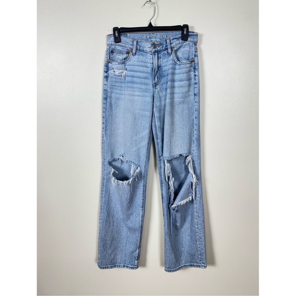 American Eagle Womens StovePipe Baggy Jeans Size 2 Grunge Light Wash Distressed